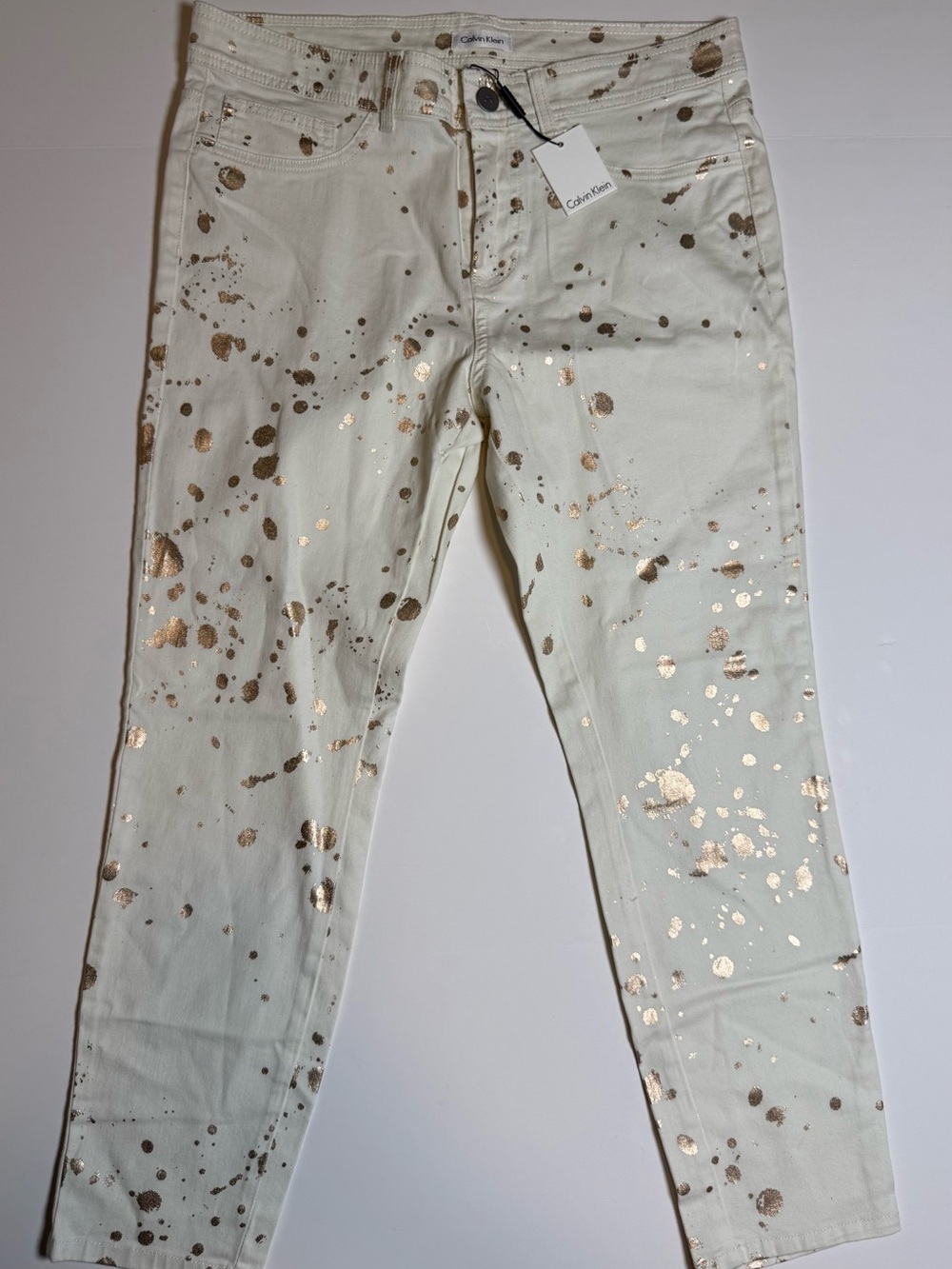 NWT Calvin Klein Women’s Reflective Gold Splash Skinny Ankle Jeans Size 10